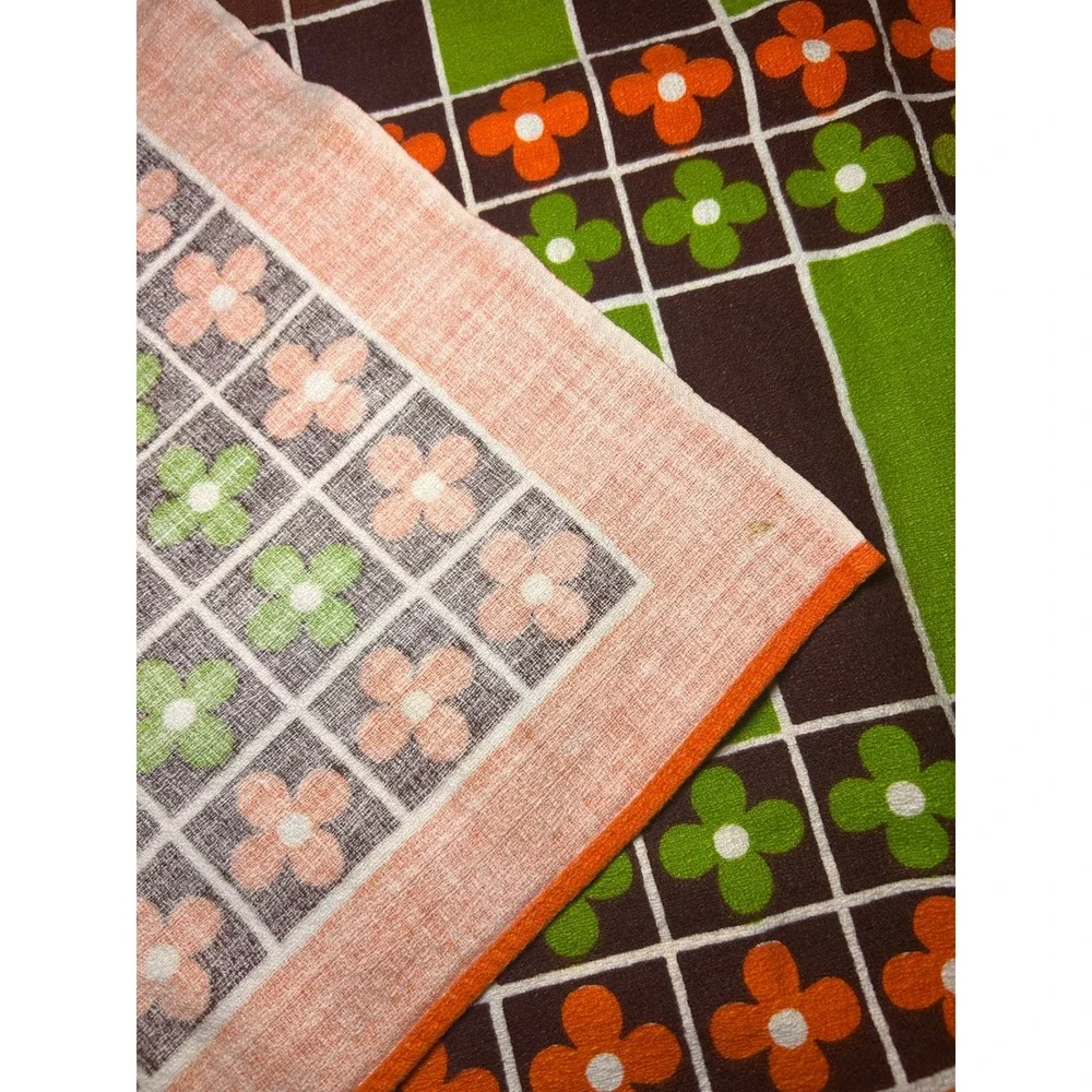 Vintage 70s Retro Square Tablecloth Fabric Retro Grannycore Orange Brown Green